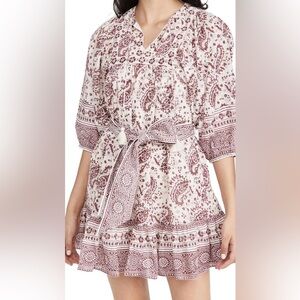 Cleobella Magdalena Mini Dress Paisley Block Print White Red Puff Sleeve NO BELT